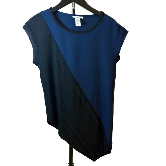 Bar III Navy Black Colorblock Asymmetrical Blouse Small Cap Sleeve Office Chic - Picture 2 of 5